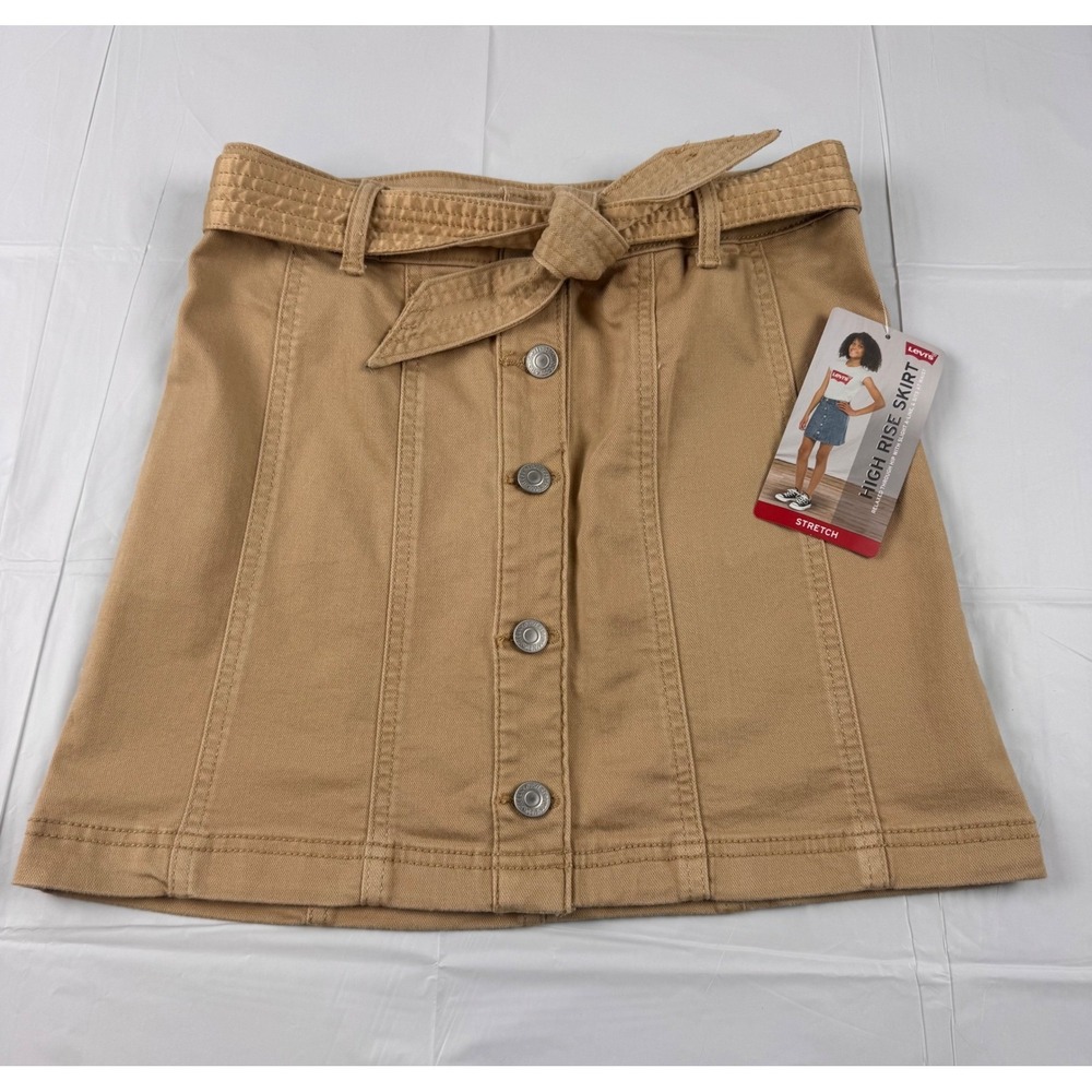 Levis Girls High Rise Skirt Tan Khaki Button Front Tie Waist Stretch Size 12 NEW